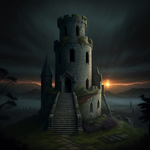 Mysterious Crumbling Watchtower in Sunset Haze