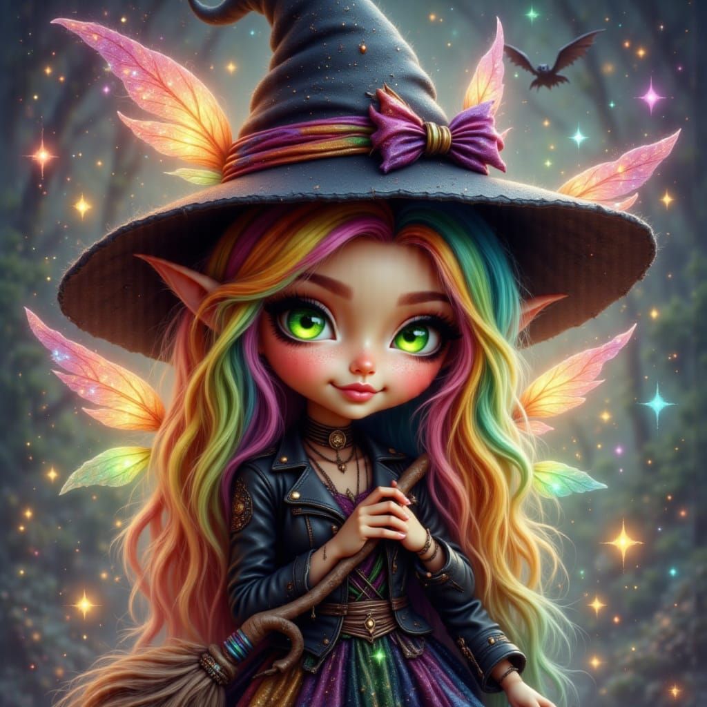 Halloween Pixie Witch with Rainbow Hair and Glitter Broom