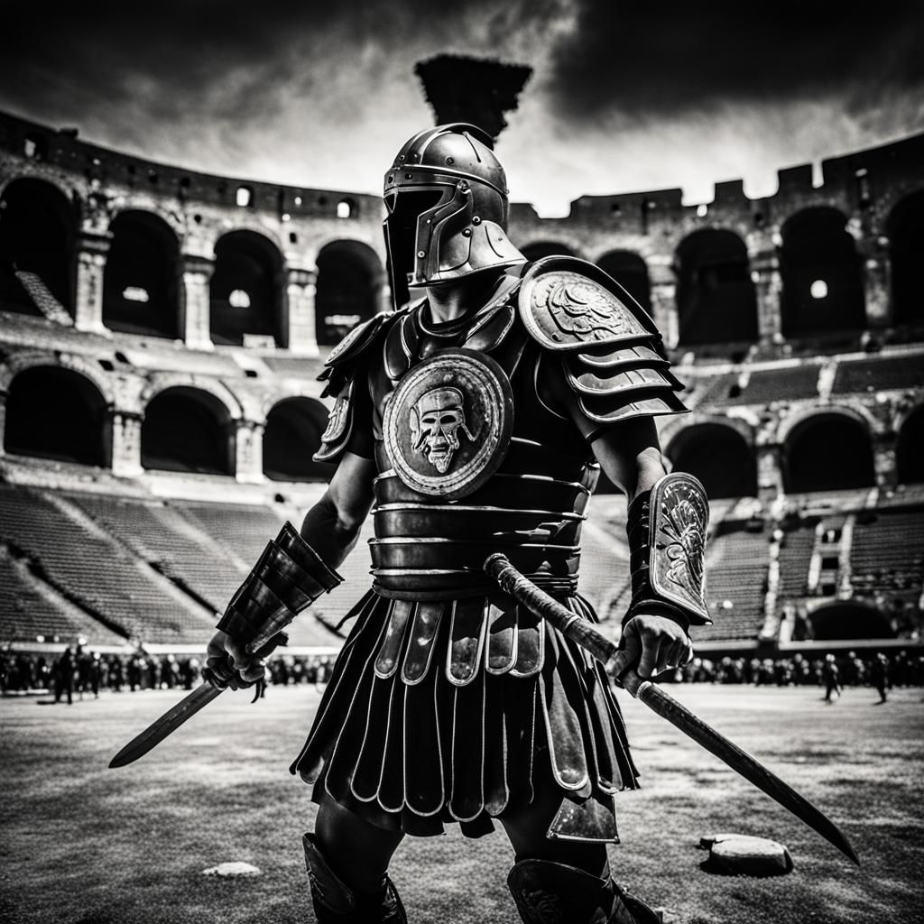 Gladiator in Colosseum: Black and White Cinematic Still