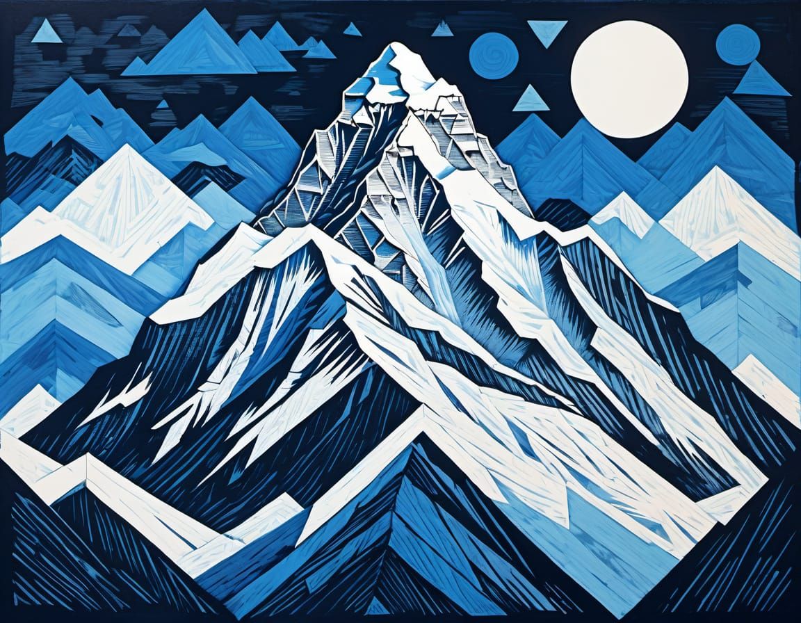 Mount Everest Geometric Woodblock Print in Blue