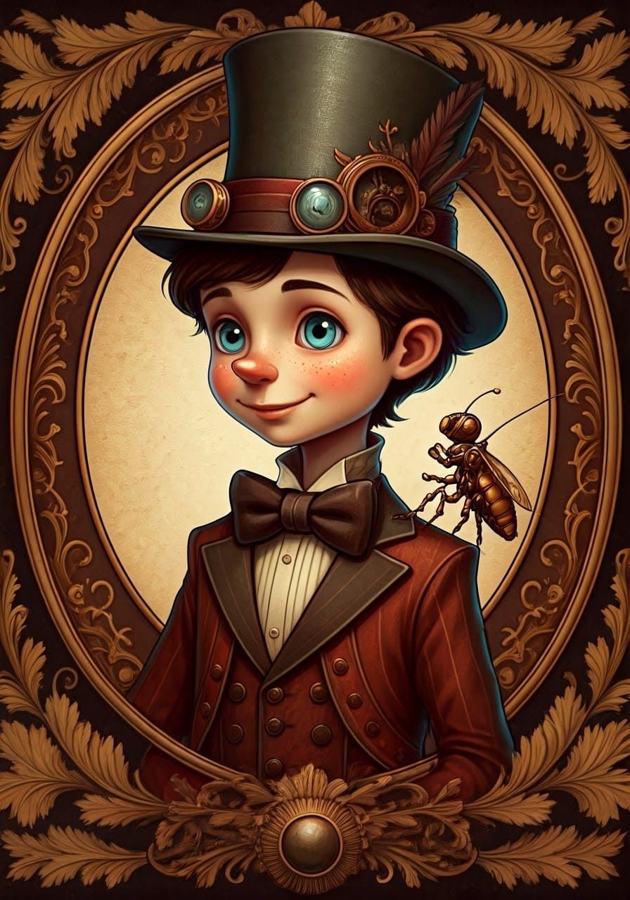 Steampunk Pinocchio Portrait in Ornate Floral Frame