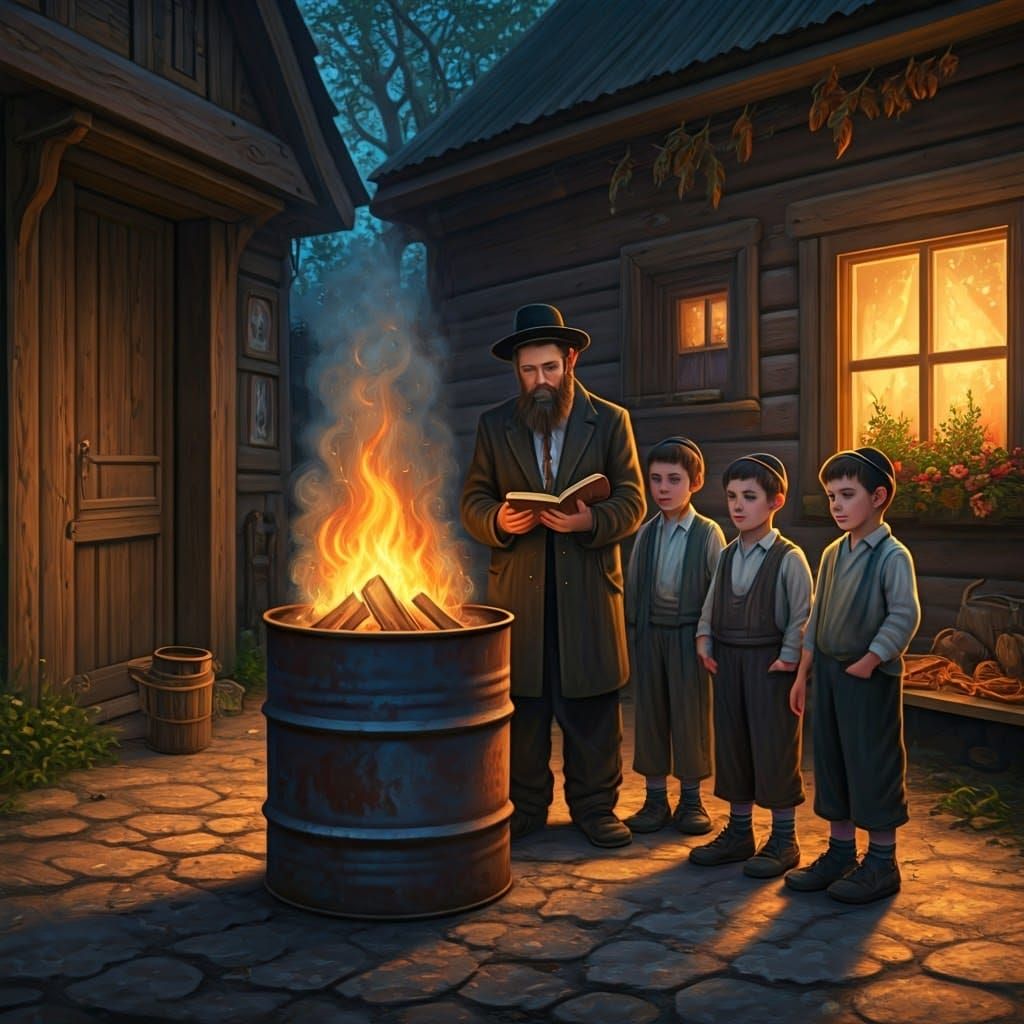 Whimsical Scene of a Traditional Building Yard in Folk Art S...