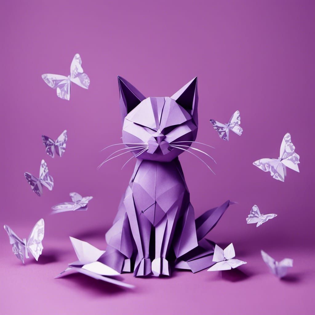 Origami Cat with Purple Butterflies