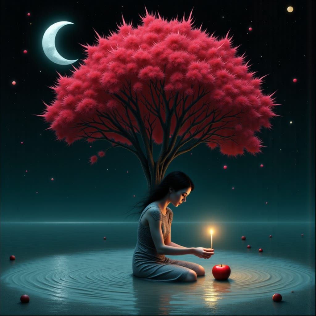 Neuromanesque Woman Lights Candle in Bioluminescent Salt Wat...