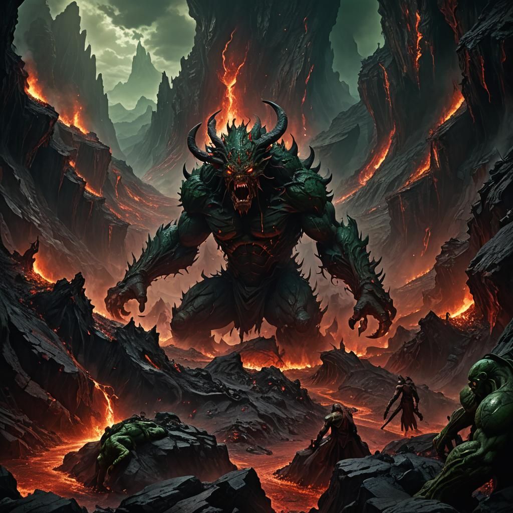 Nightmarish Behemoth in Burning Landscape, Dark Fantasy Art