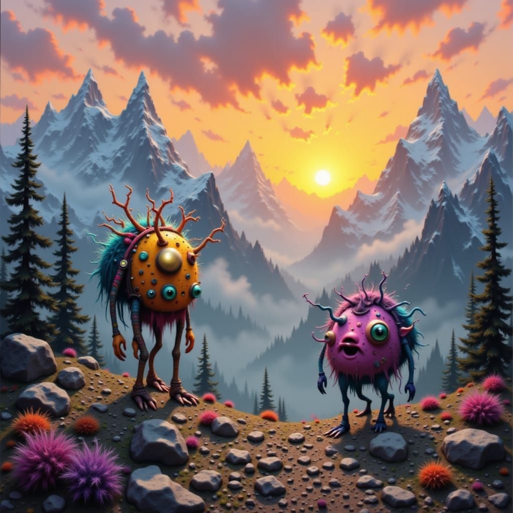 Friendly Monsters Hike Mountains at Sunset