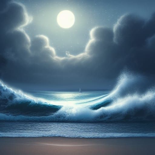 Moonlit Beach with Purple Waves: Fantasy Art