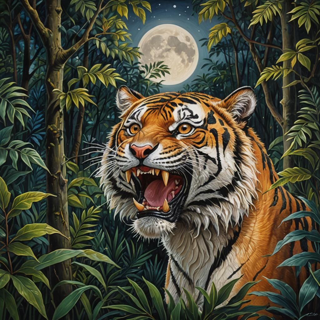 Tiger in Jungle, Naive Realism Oil Painting