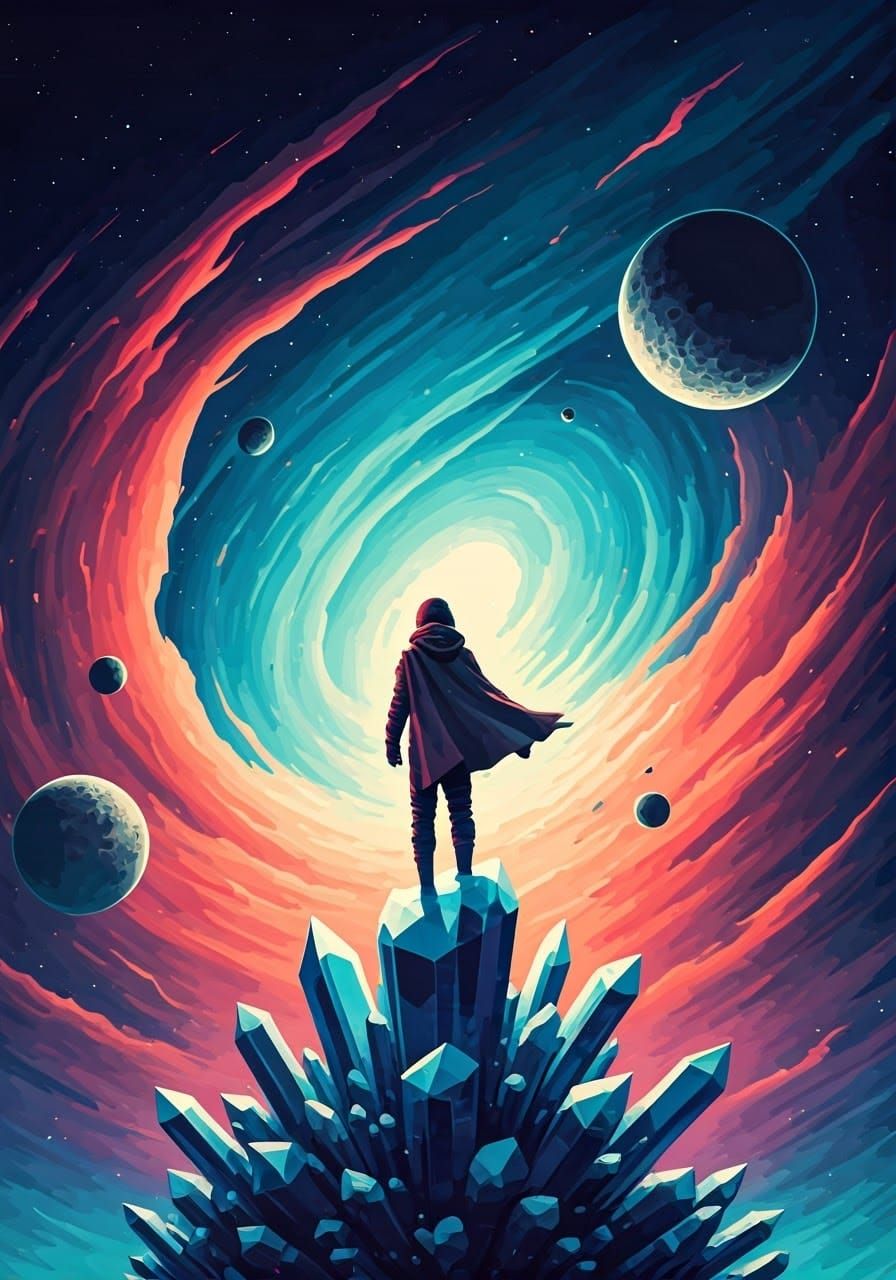 Lone Spacefarer Overlooking a Nebula, Retro Sci-Fi Art