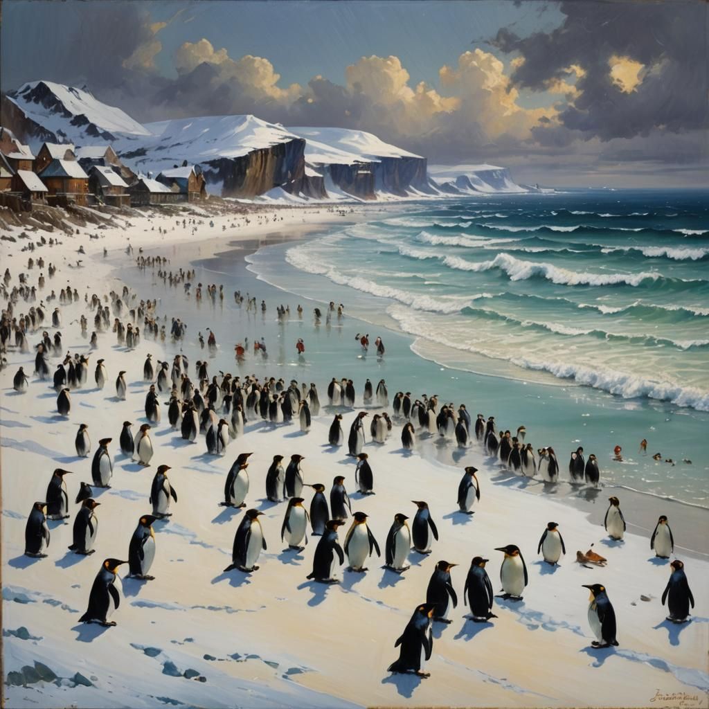 Fantasy Beach with Penguins in Oil Painting Style