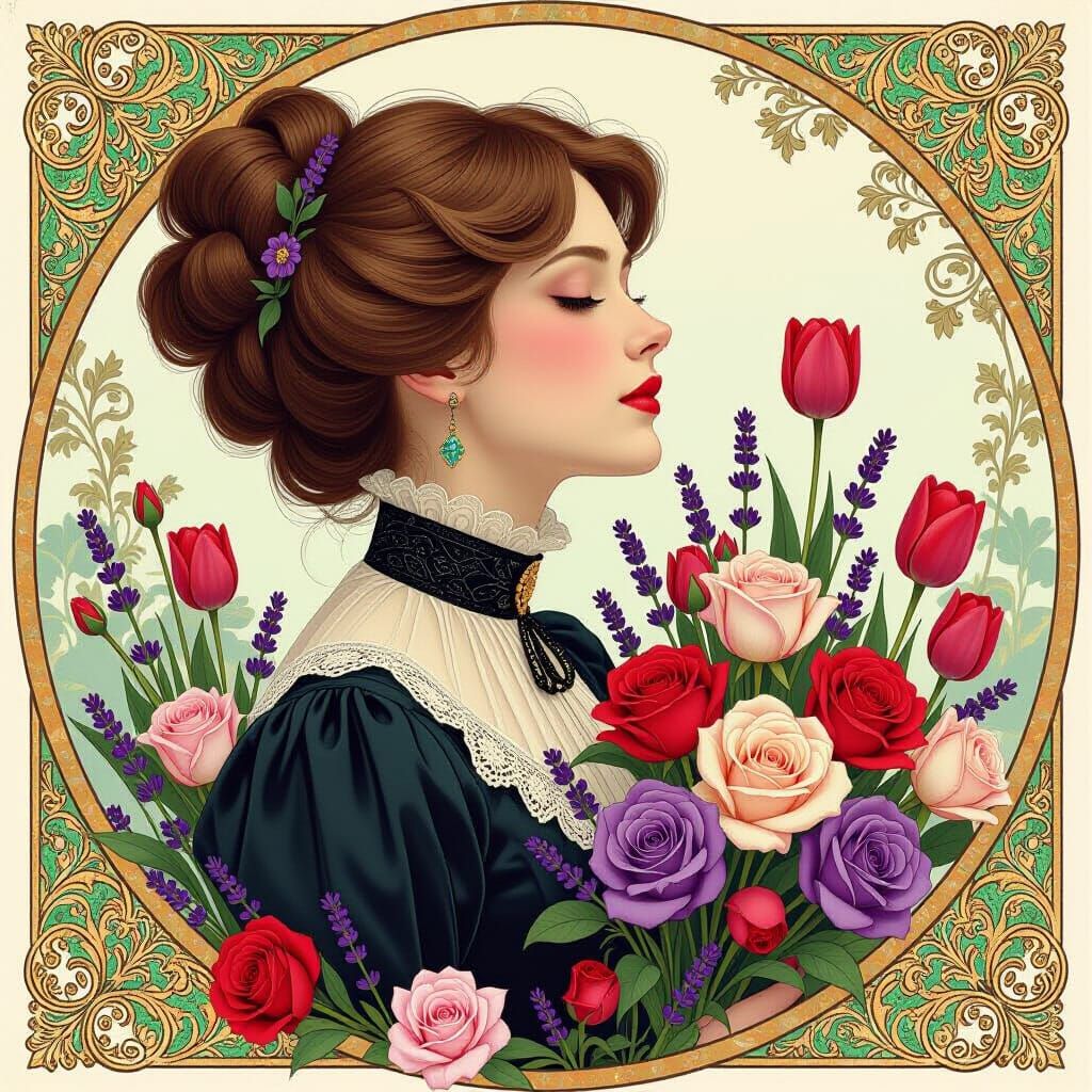 Victorian Woman Surrounded by Flowers in Art Nouveau Style