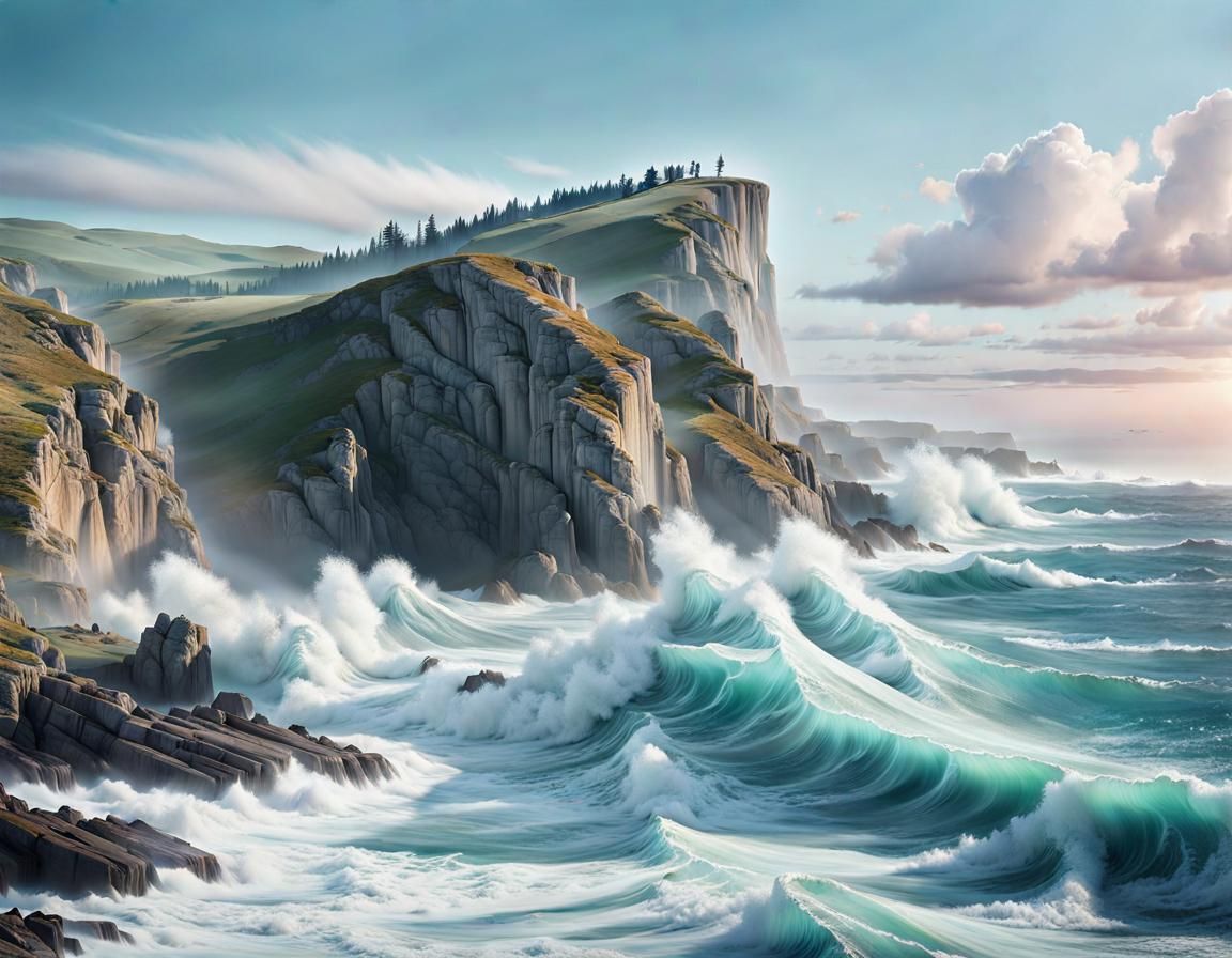 Coastal Cliffs with Turbulent Sea in Pastel Colors