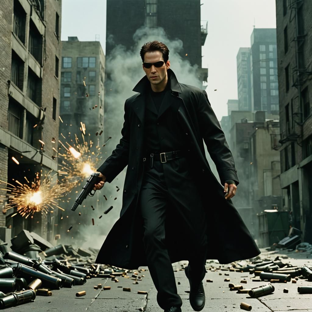 In "The Matrix," Neo, dressed in a sleek black trench coat a...