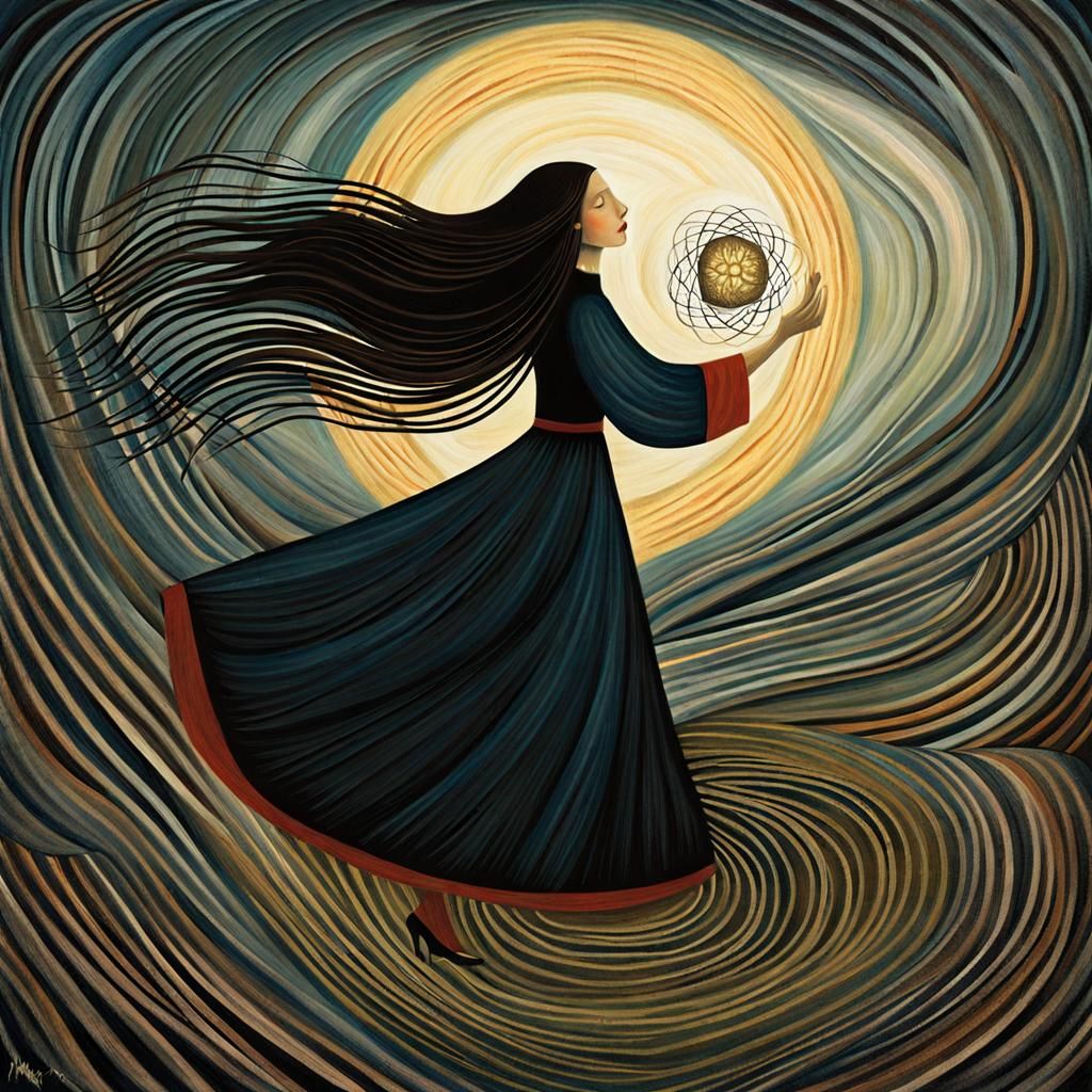 Woman with Atomic Nucleus in Surreal Motion