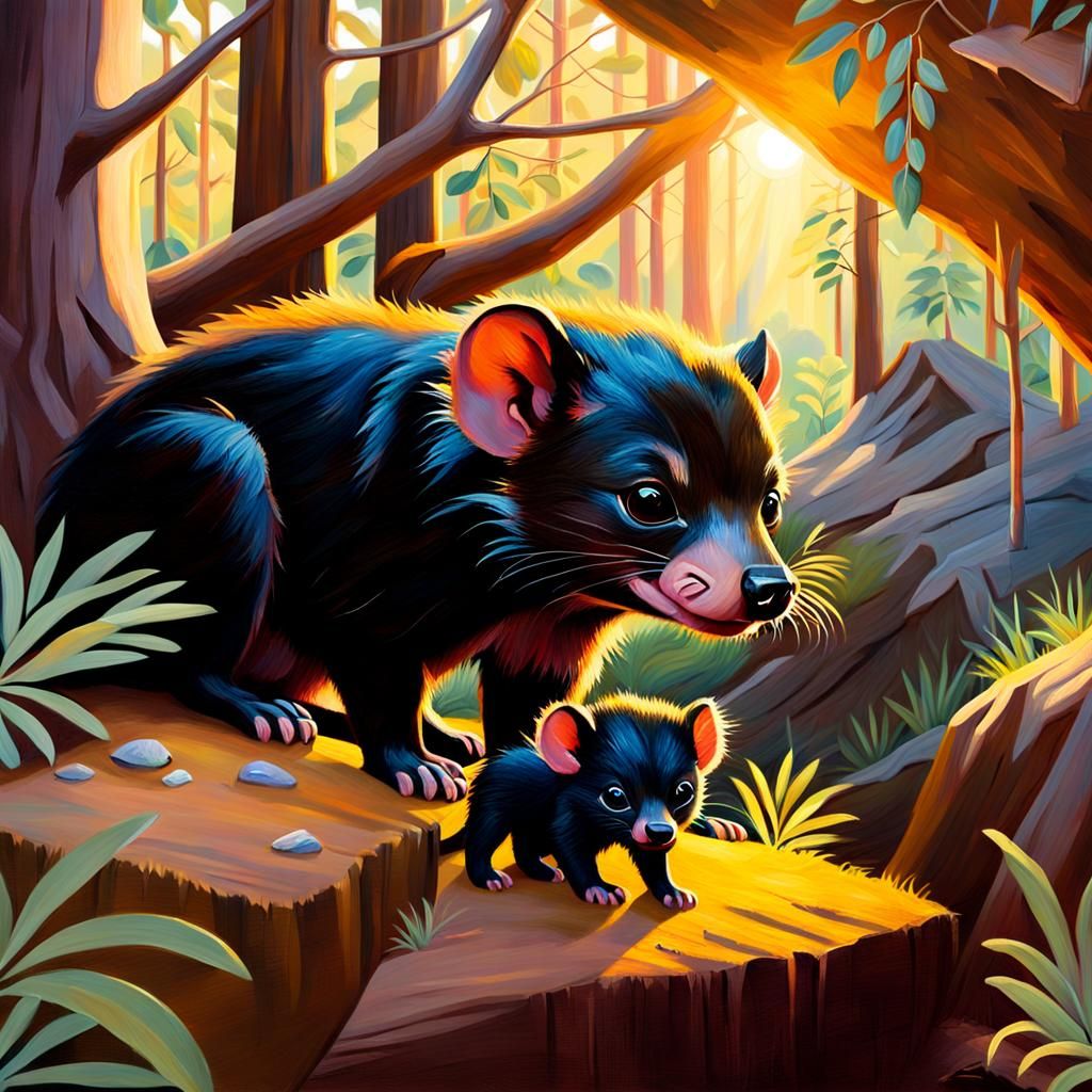 Tasmanian Devils in Den as Impasto Oil Painting