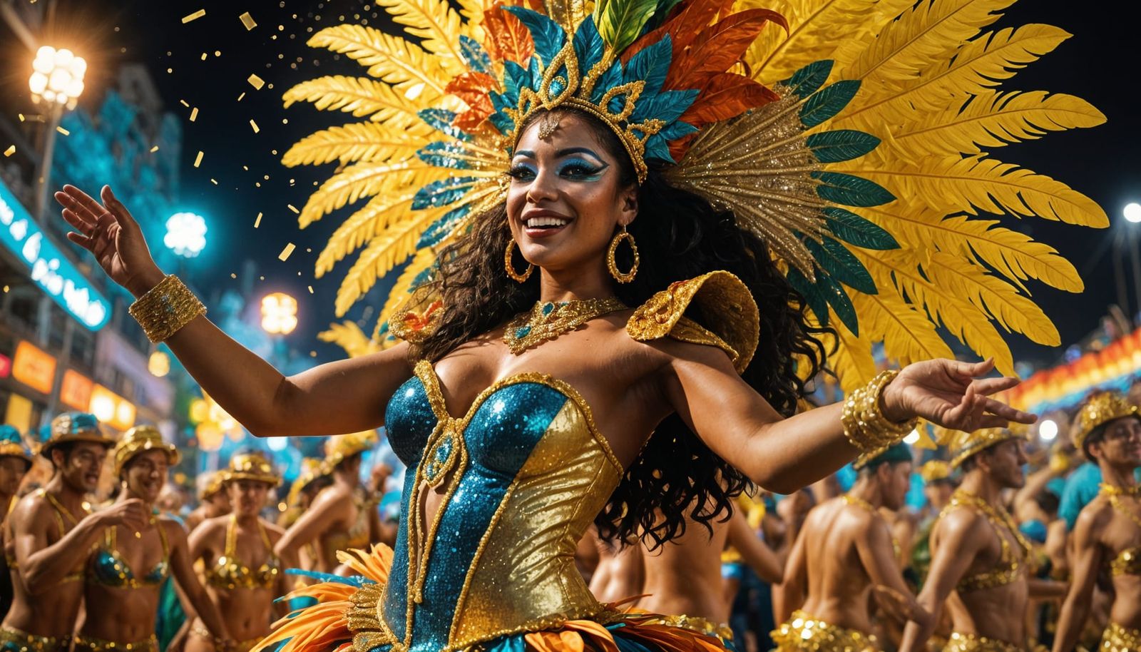 Vibrant Samba Dancer on Allegoric Float in Rio's Carnaval Ni...