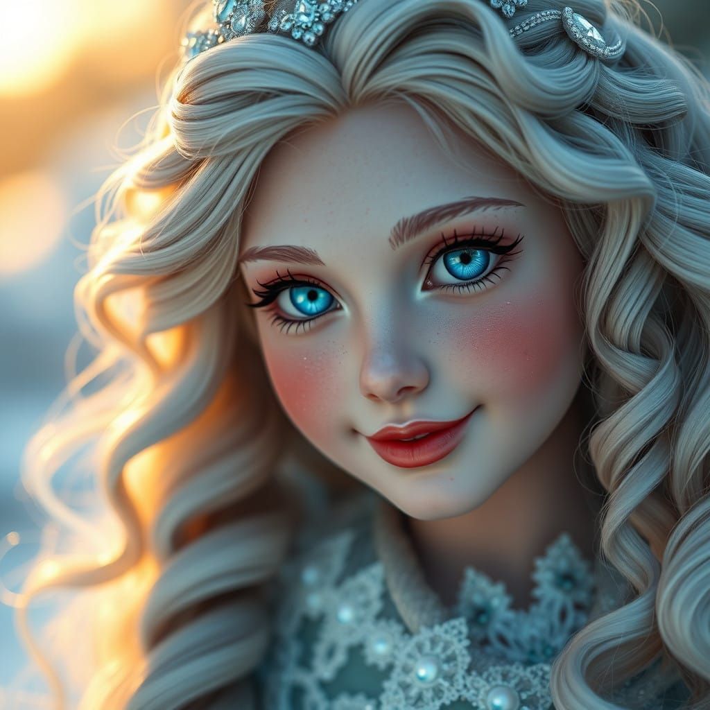 Enchanting Ice Princess with Doll Face and Flowing Curls
