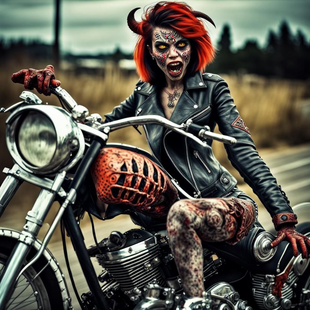 Hyperrealistic Zombie Devil Girl on Motorcycle