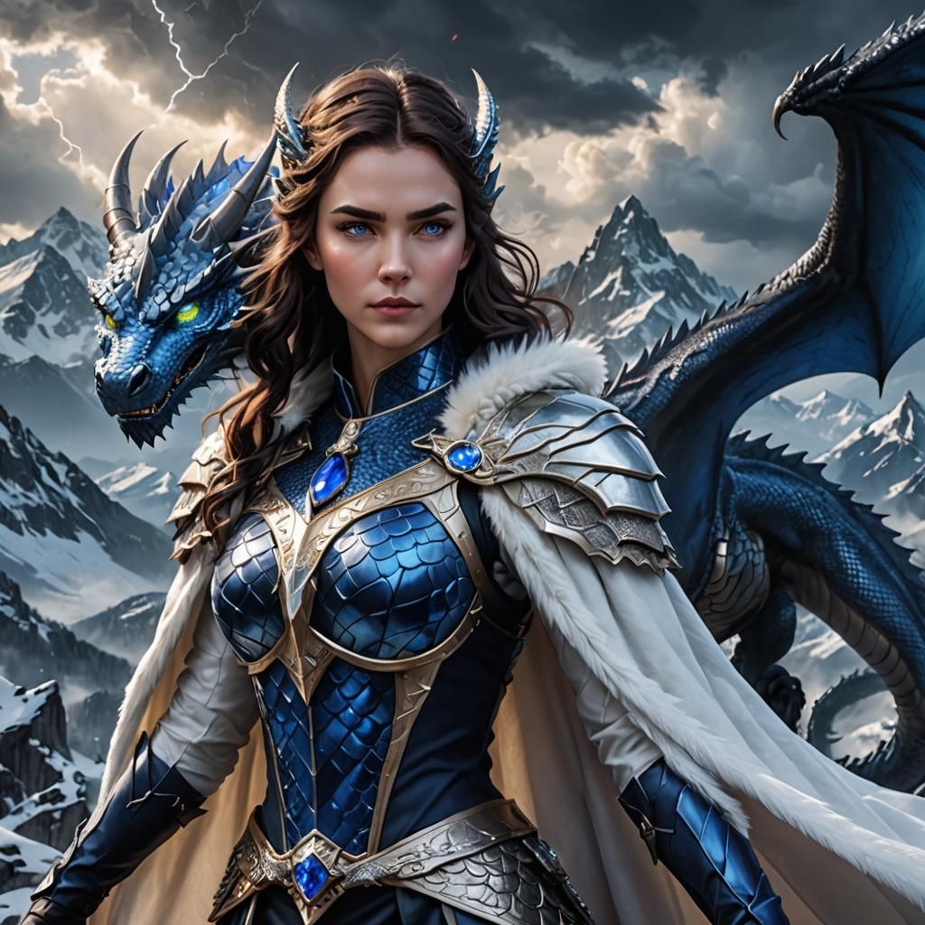 Sapphire-Eyed Dragon Woman in Snowy Landscape