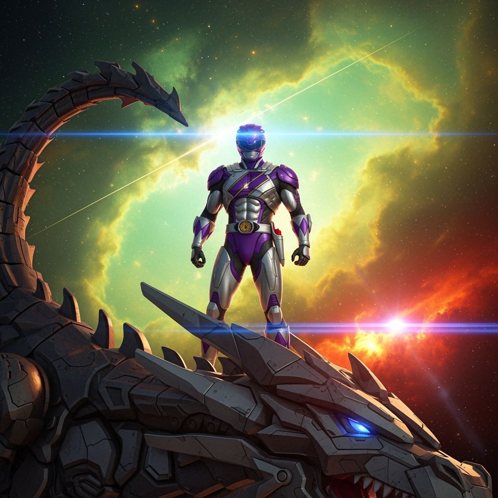 Cyberpunk Power Ranger on Mech-Dragon, Hyperrealistic Scene