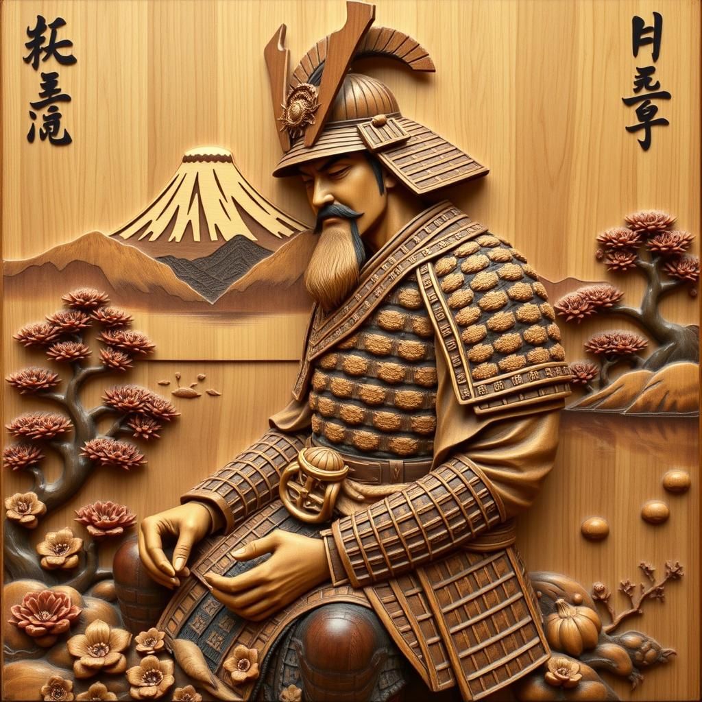 Samurai Meditating by Lake Fuji: Wood Relief