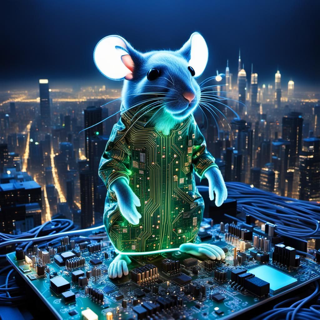 Mouse in Circuit Cityscape of Electronic Components