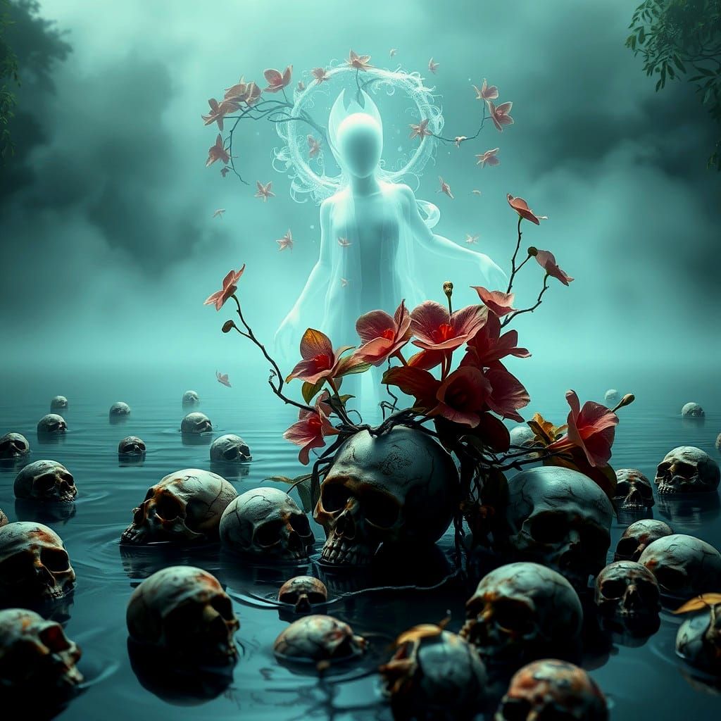 Ghostly Figure Rises from Lake in Acrylic Art