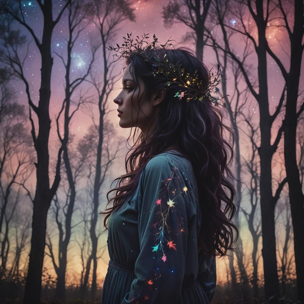 Surreal Woman with Woods and Stars in Hair