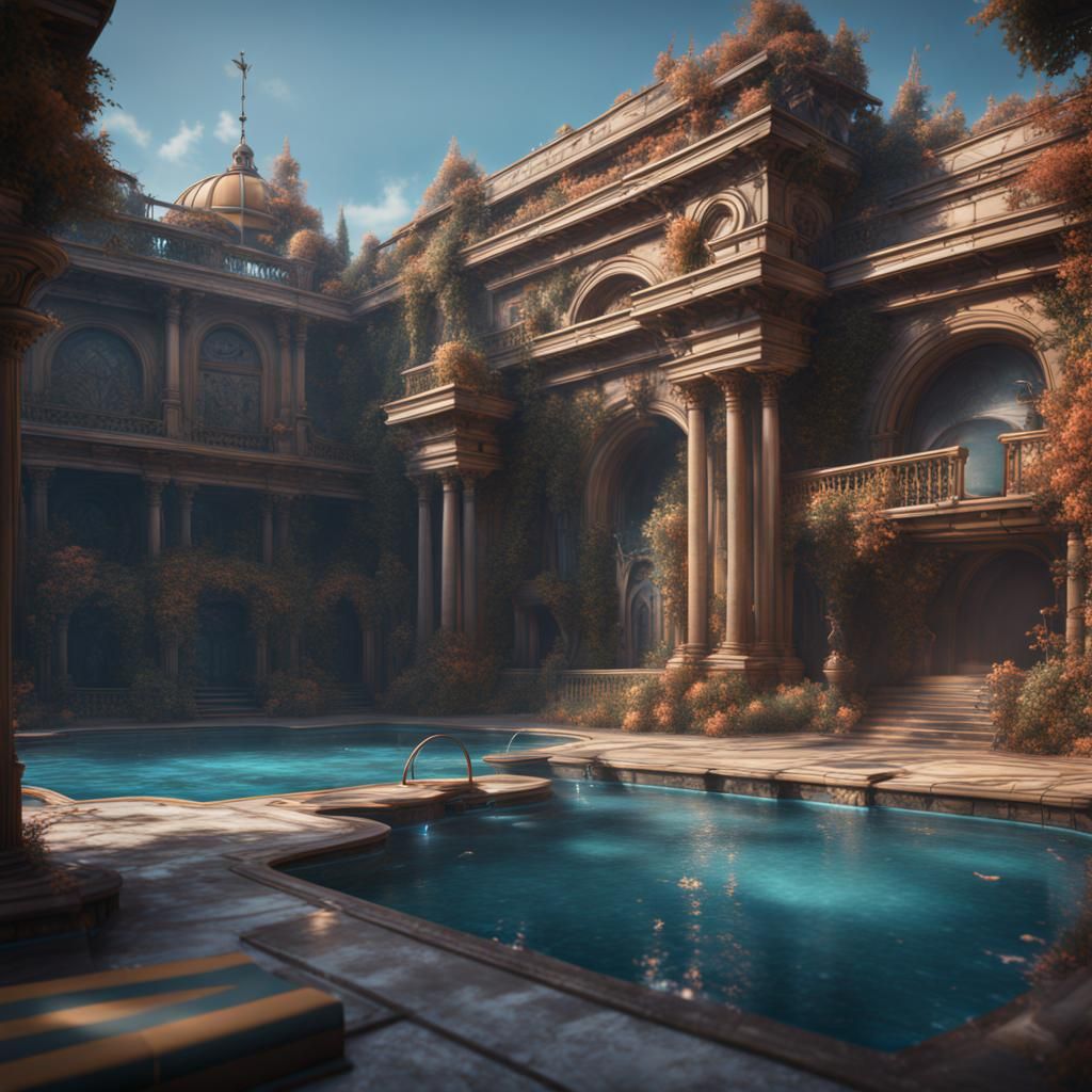 Fantastical Swimming Pool Matte Painting in Deep Color