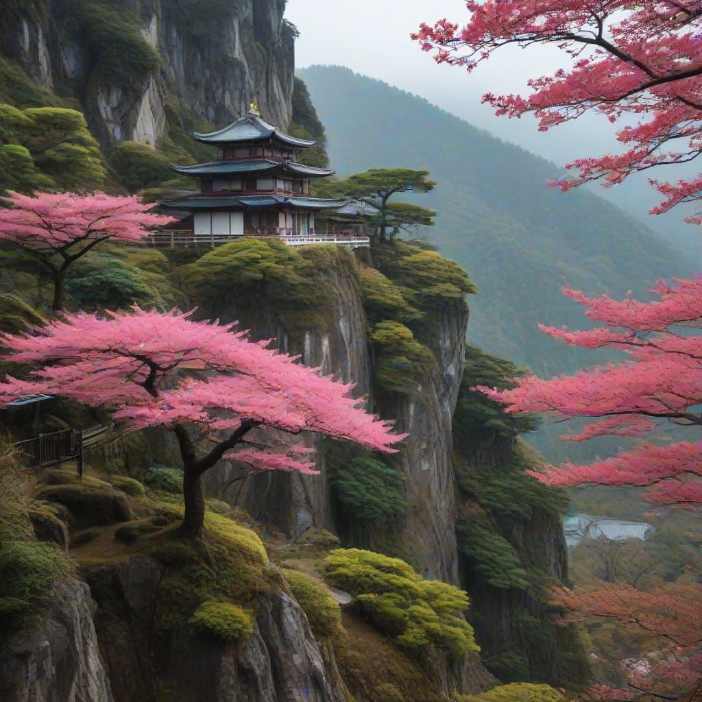 Japanese Garden on Mountain Cliff with Pink Trees
