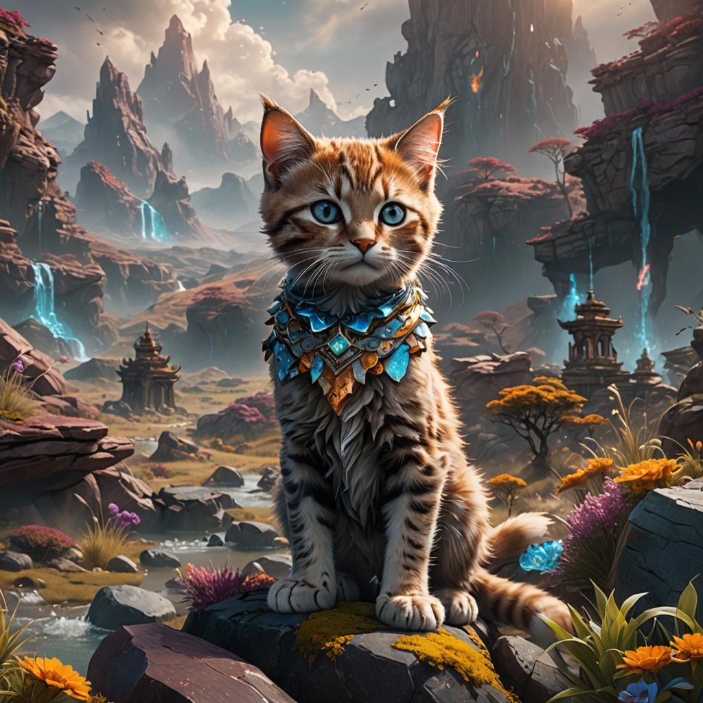 Elemental Kitten in a Fantastical Landscape
