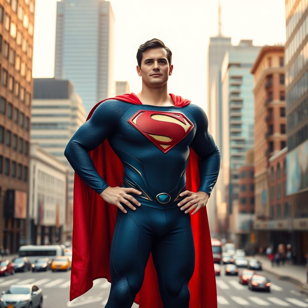 Superhero in Metropolis Cityscape