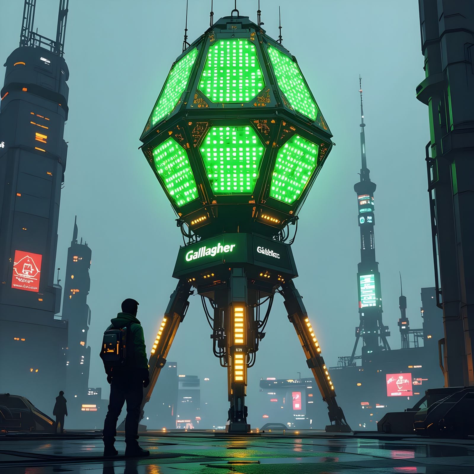 Futuristic Satellite Tower with Green and Gold Lights
