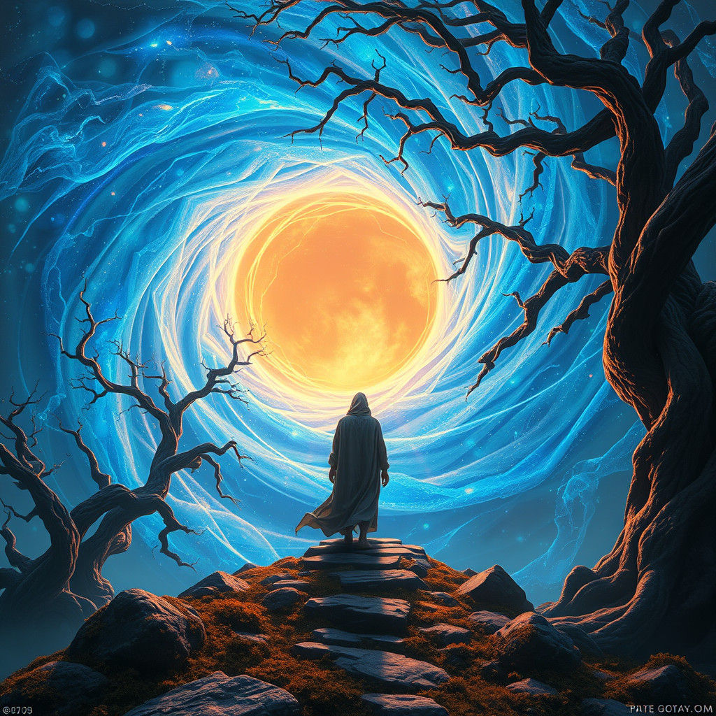 Ethereal Figure Stepping into a Time Vortex