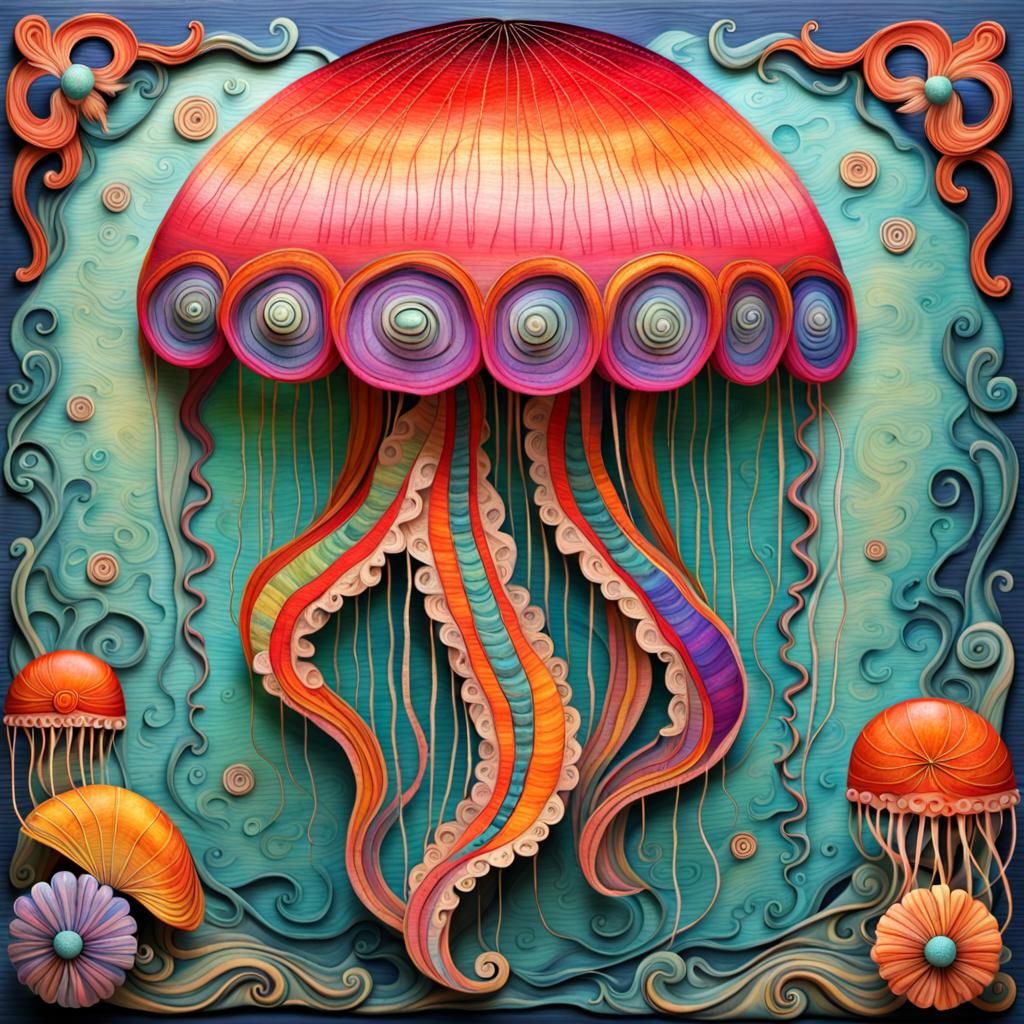 Colorful Folk Art Jellyfish in Art Nouveau Style