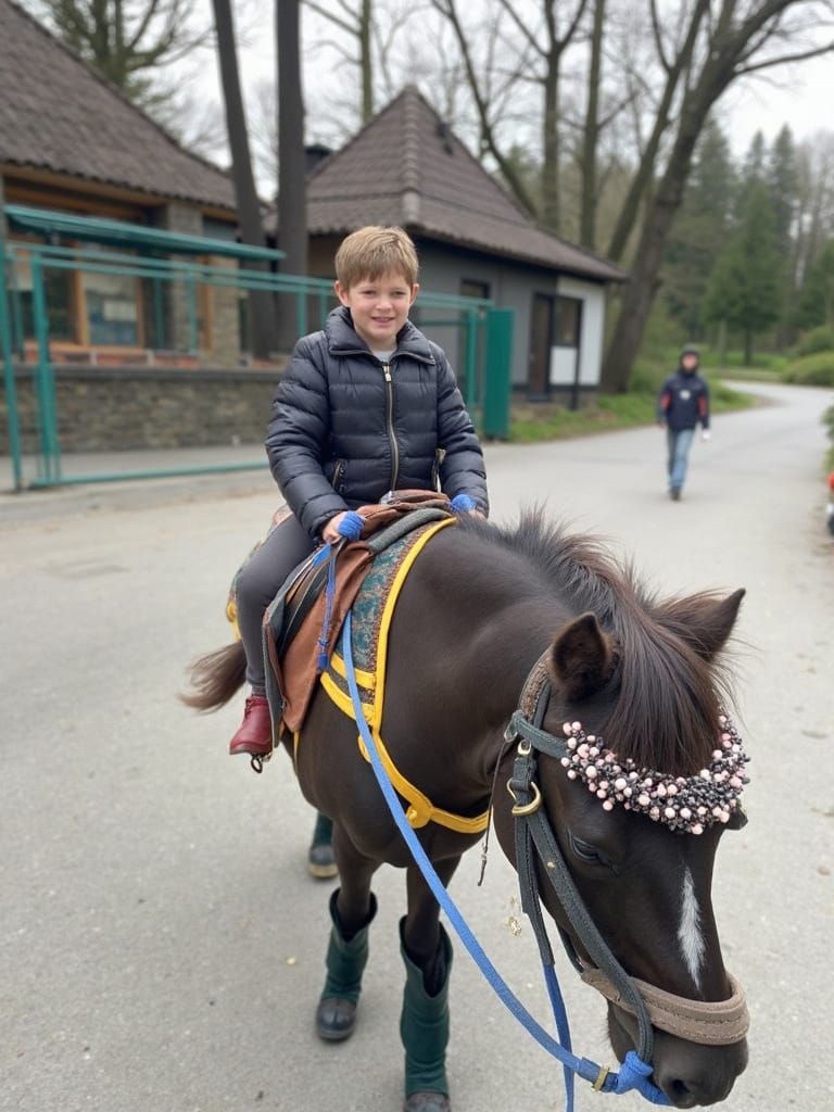 Boy Riding a White Horse in a Vast Green Meadow
