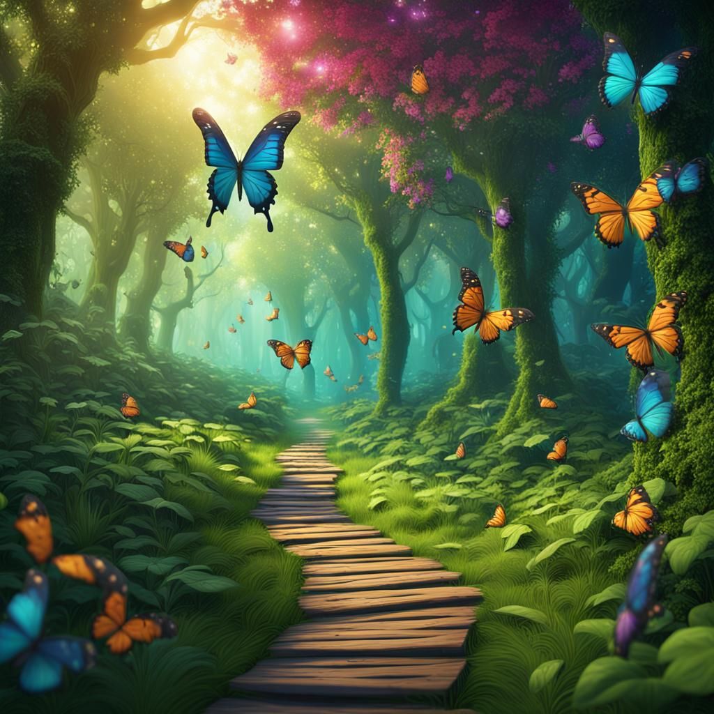Lush Forest Path with Butterflies: Fantasy Concept Art