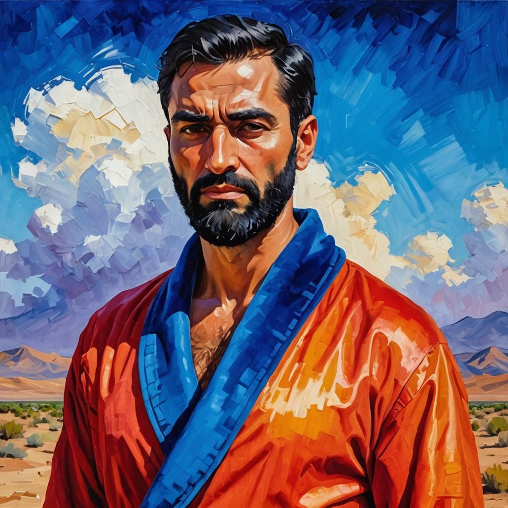 Distraught Iranian Man in Impasto Gouache Style