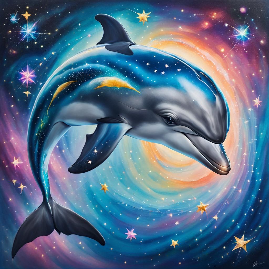 Dolphin Constellation in Space, Klimt Style Oil Painting