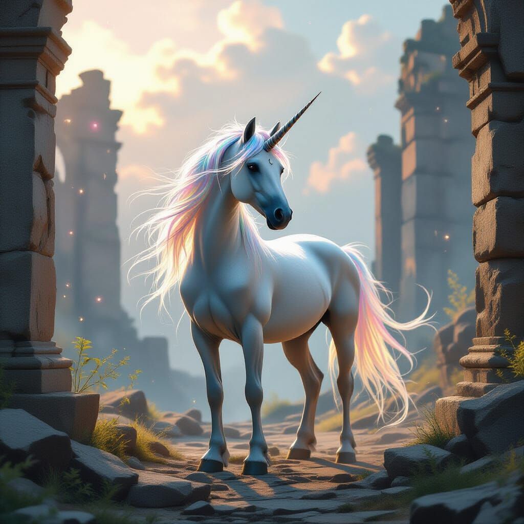 Majestic Unicorn in Glowing Ruins, Ethereal Composition