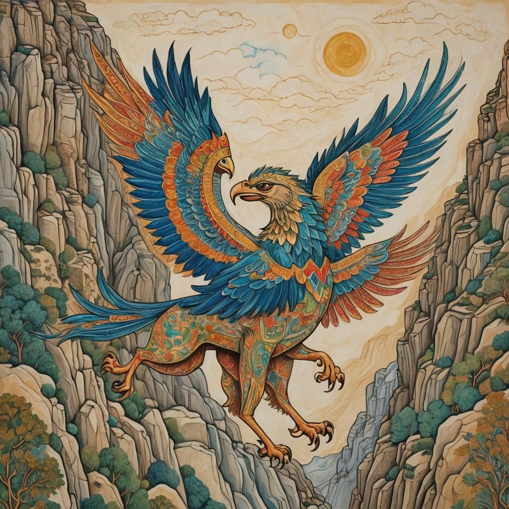 Griffin Flying Above Cliffs in Persian Miniature Style
