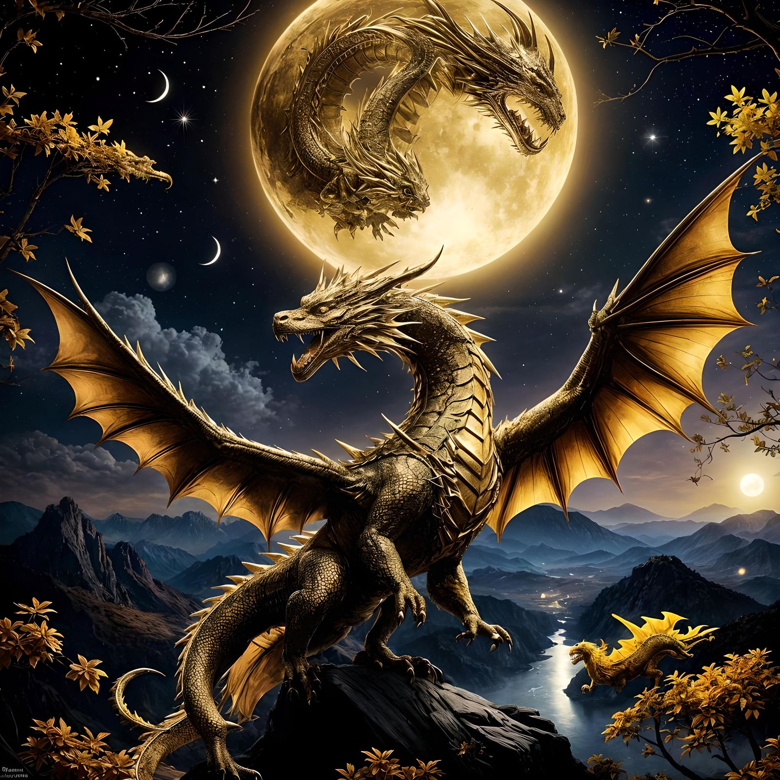 Golden Dragon Soaring Through Autumn Night Sky