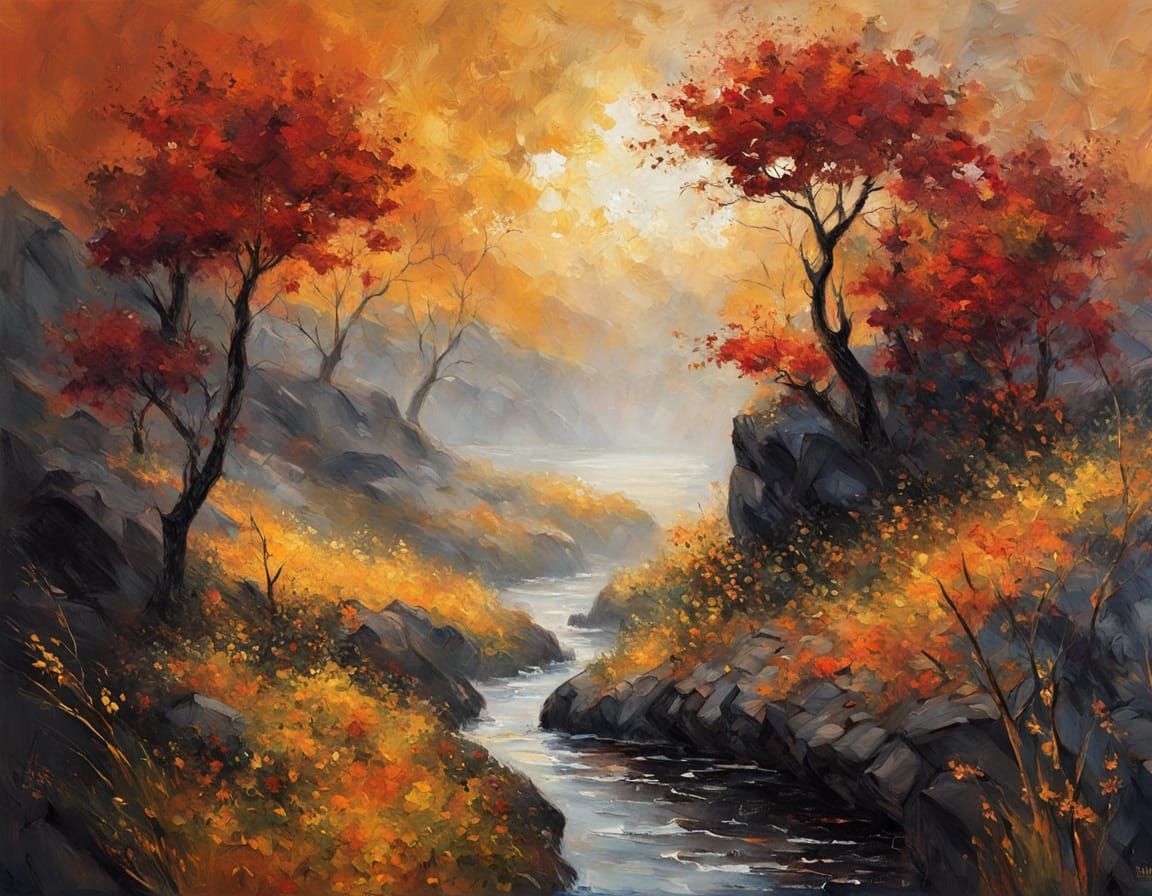 Misty Crimson Morning by the Sea Impasto Painting