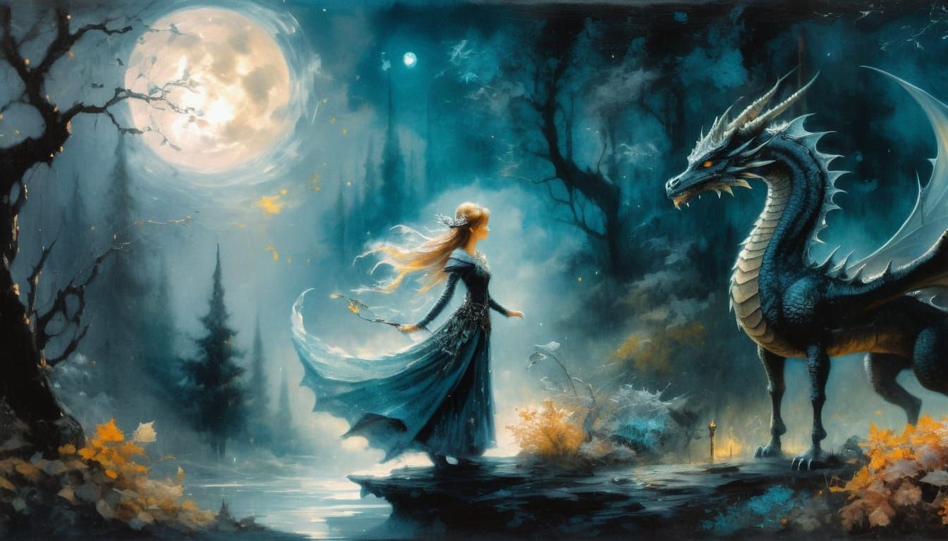Fairy and Dragon in Moonlit Glade, Impressionist Style