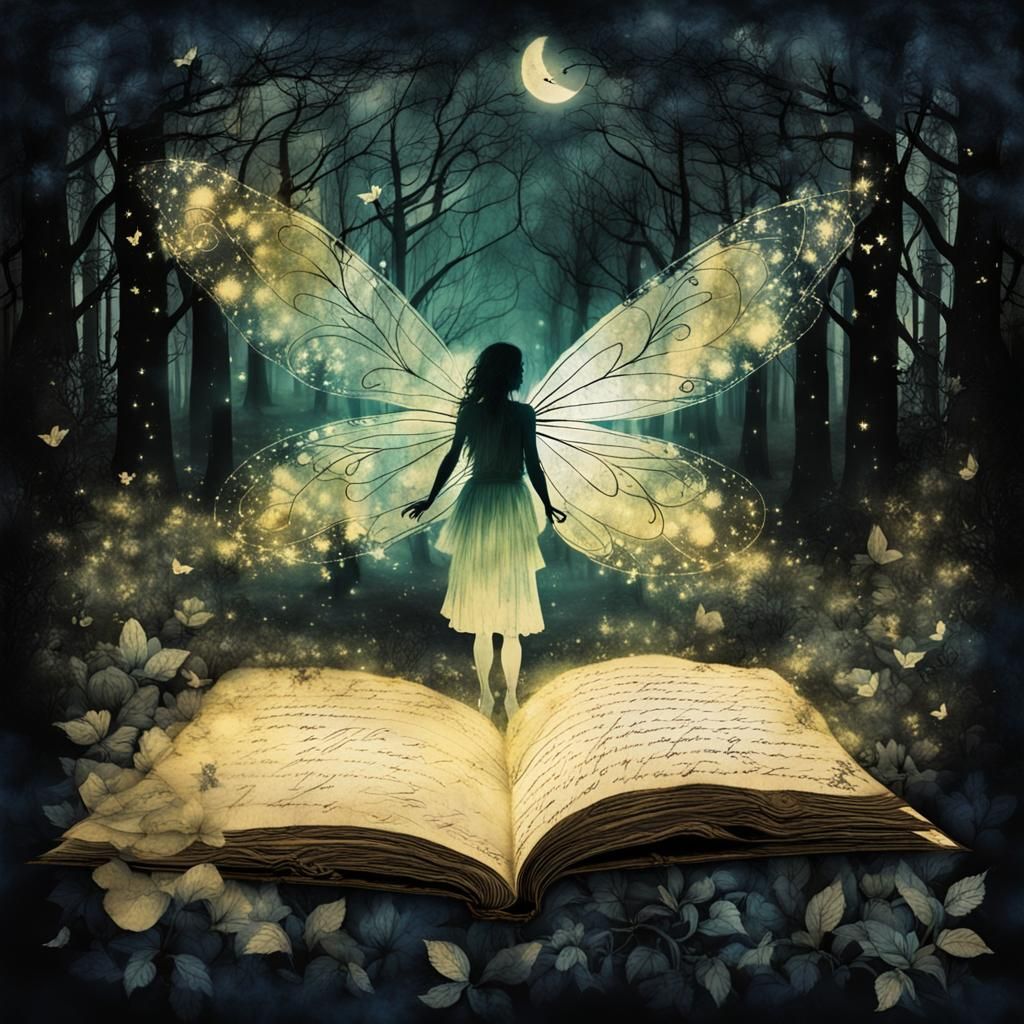 Luminescent Fairy on Parchment in Dark Forest