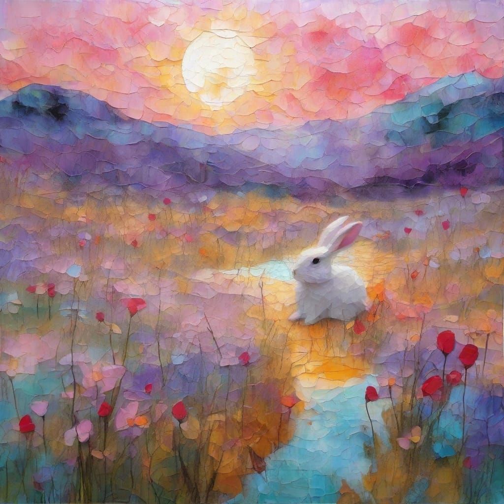 Bunny in Surreal Landscape Impasto Oil Painting
