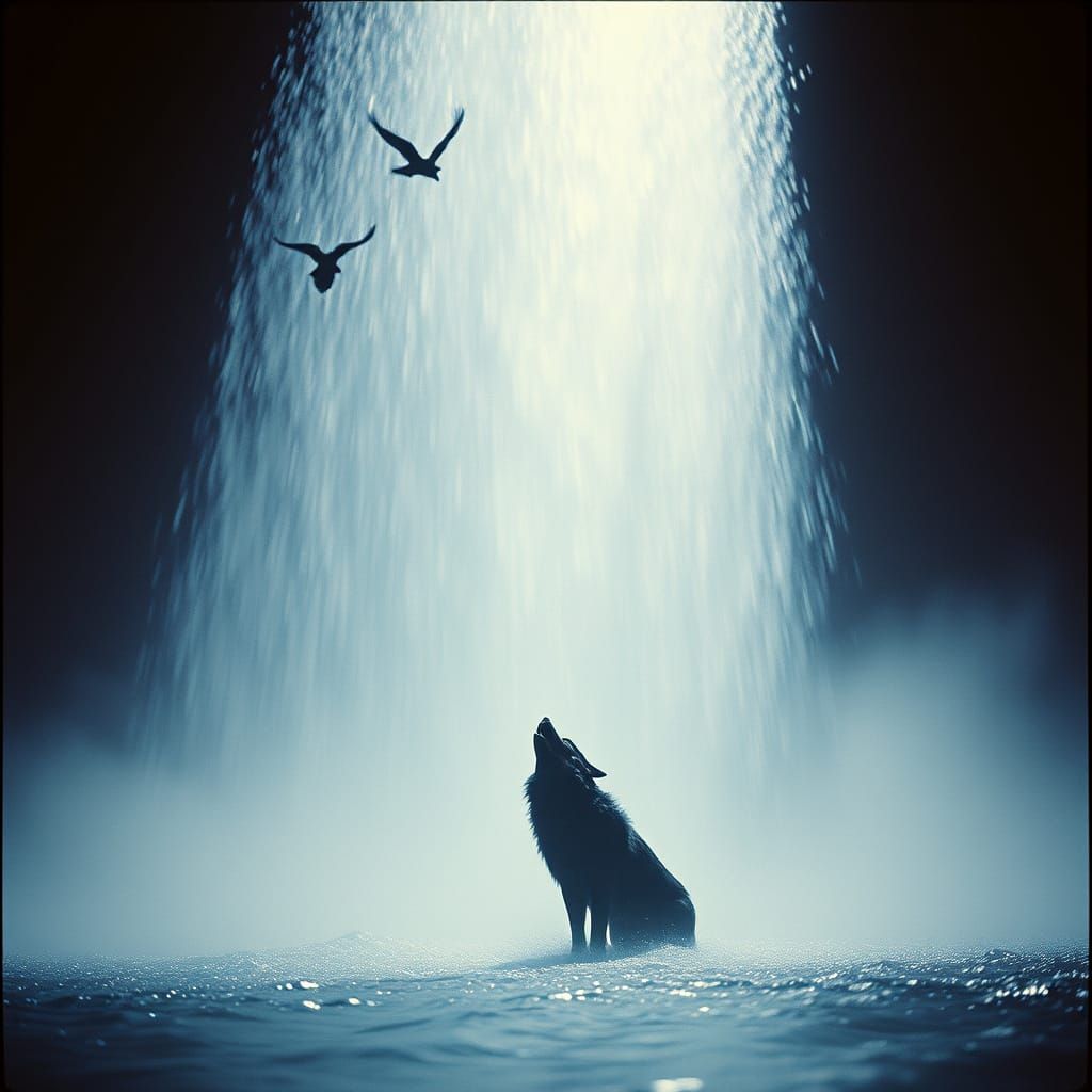 Black Wolf Howling at Moonlit Waterfall