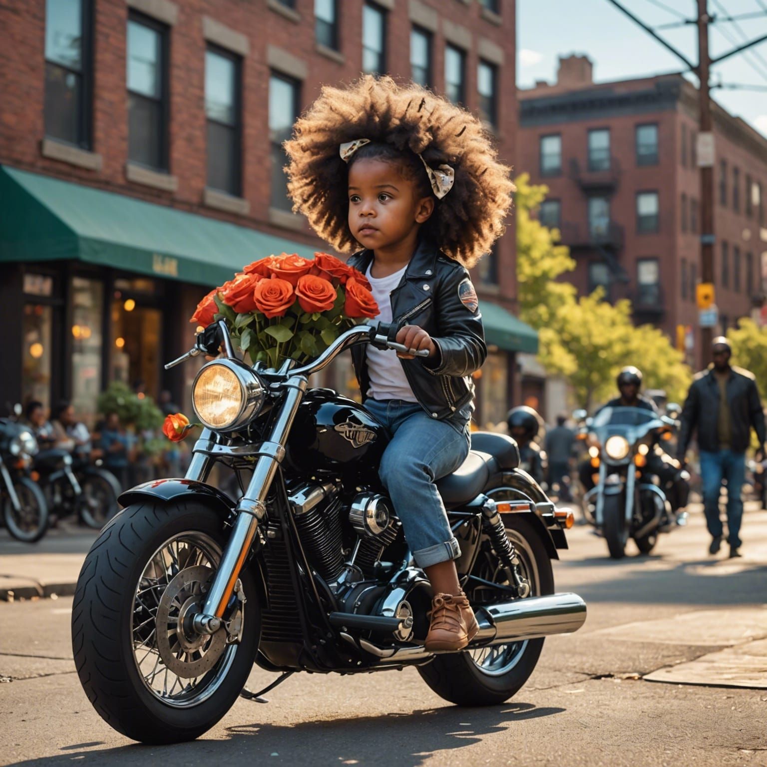 Toddler and Motorcyclist in Spring Sunlight