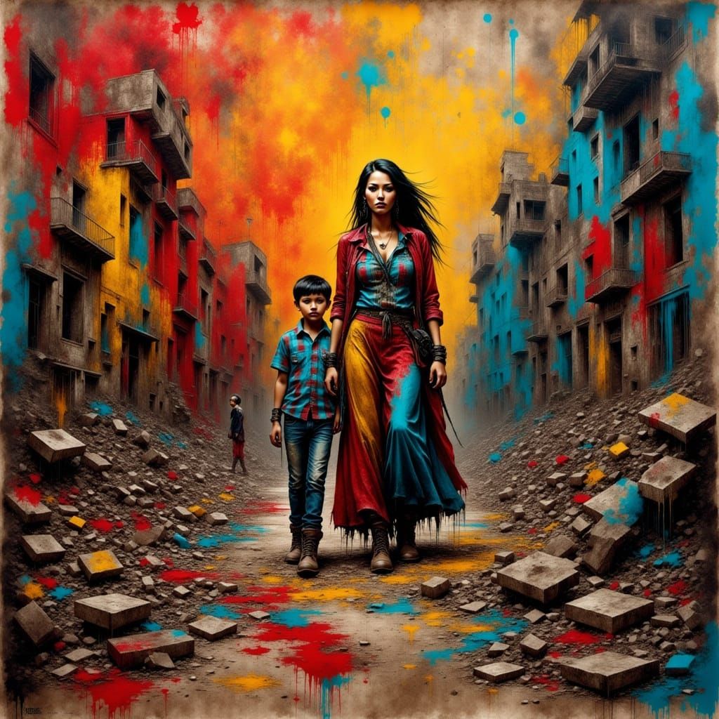 Grunge Art Nouveau Refugee Family Amidst Gaza Ruins