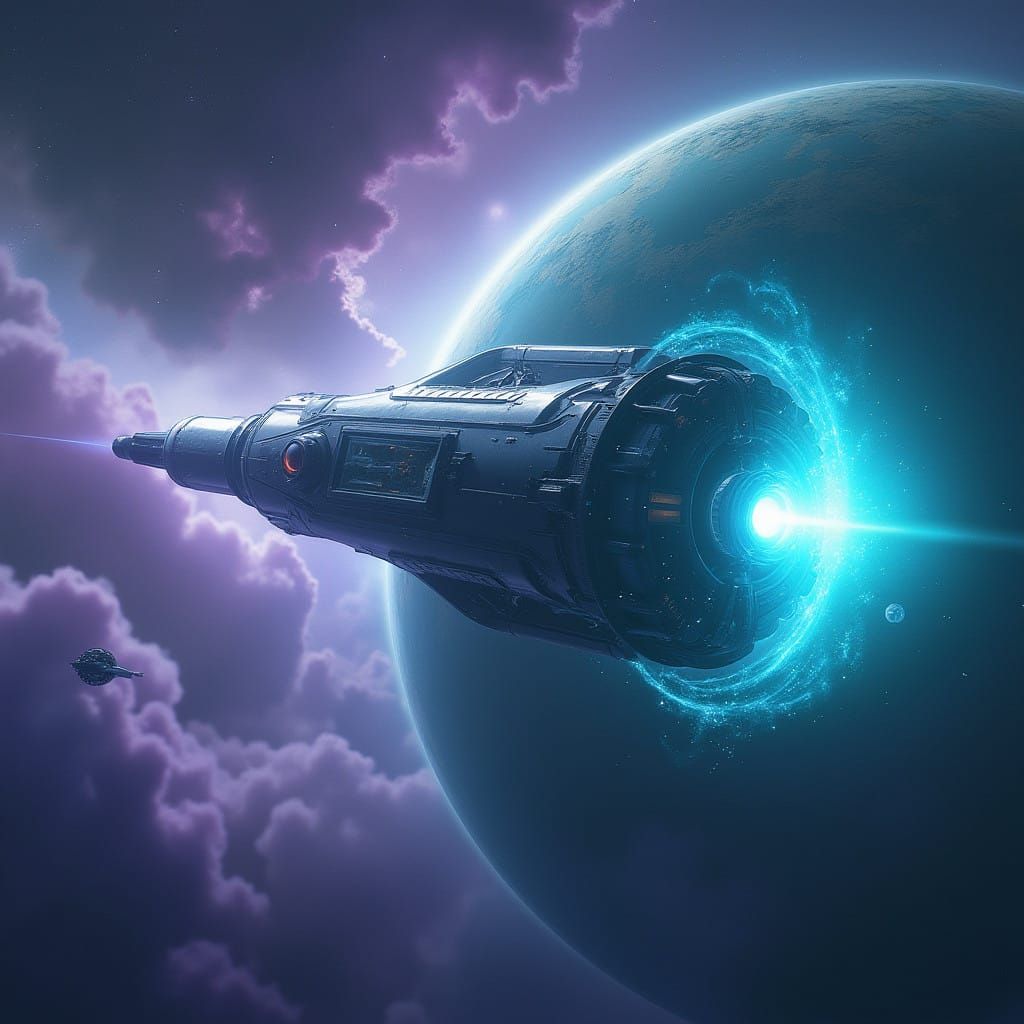 Sleek Observatory Orbits Distant Planet in Vibrant, Electric...